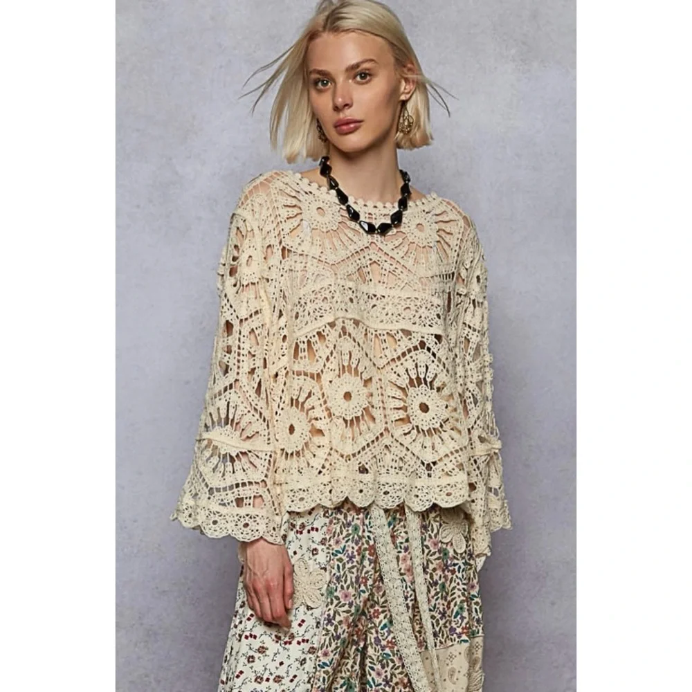 POL Cream Crochet Top | Boho Bell Sleeve Knit | Festival Cottagecore Vibe - Picture 7 of 8